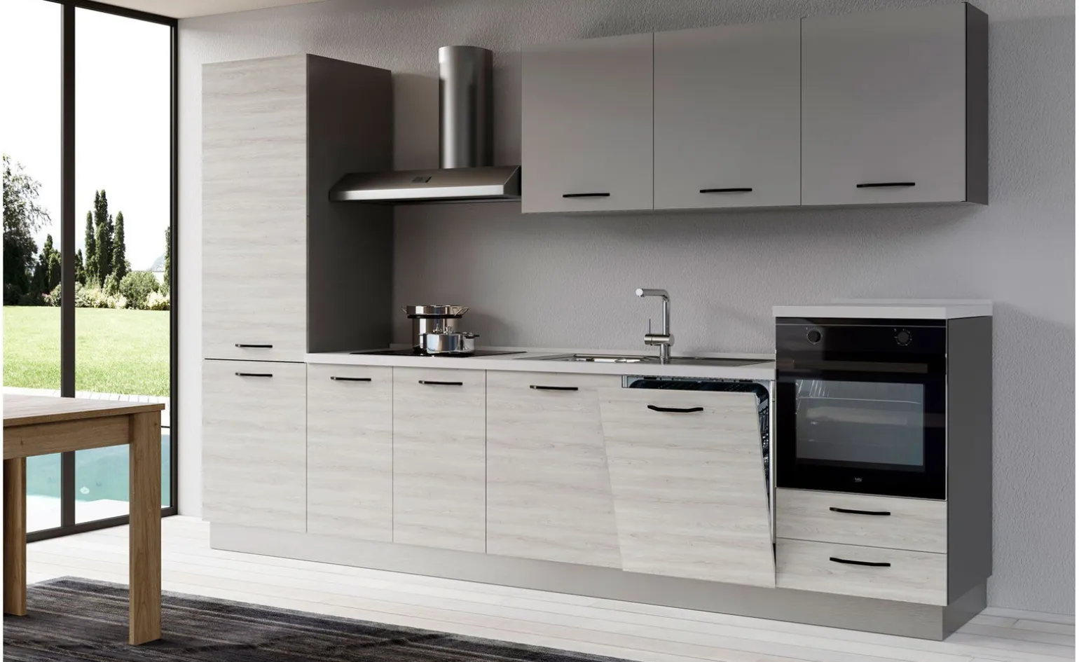 Gilda 2.0 cucina 330 cm colore frassino ghiaccio e light grey