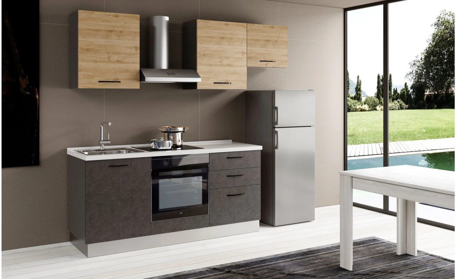 Gilda 2.0 cucina 240 cm colore portland e rovere cadiz