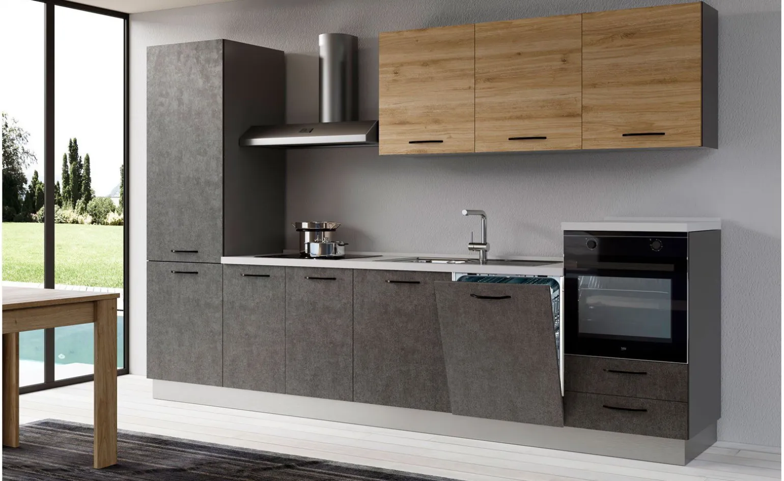 Gilda 2.0 cucina 330 cm colore portland e rovere cadiz