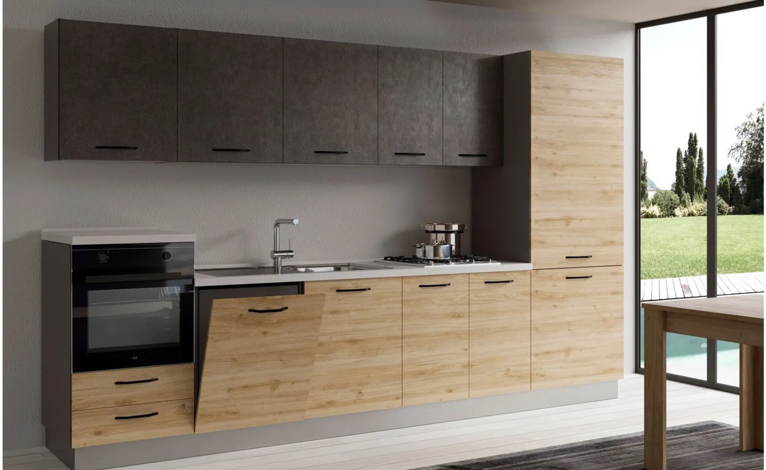 Gilda cucina 345 cm colore rovere cadiz e cemento scuro