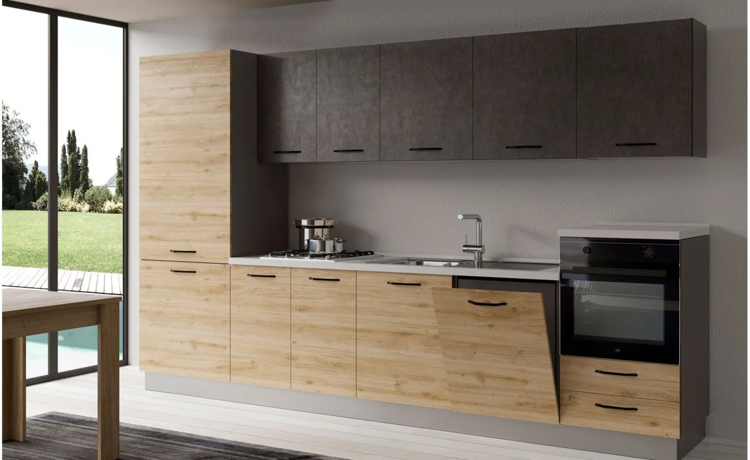 Gilda cucina 345 cm colore rovere cadiz e cemento scuro