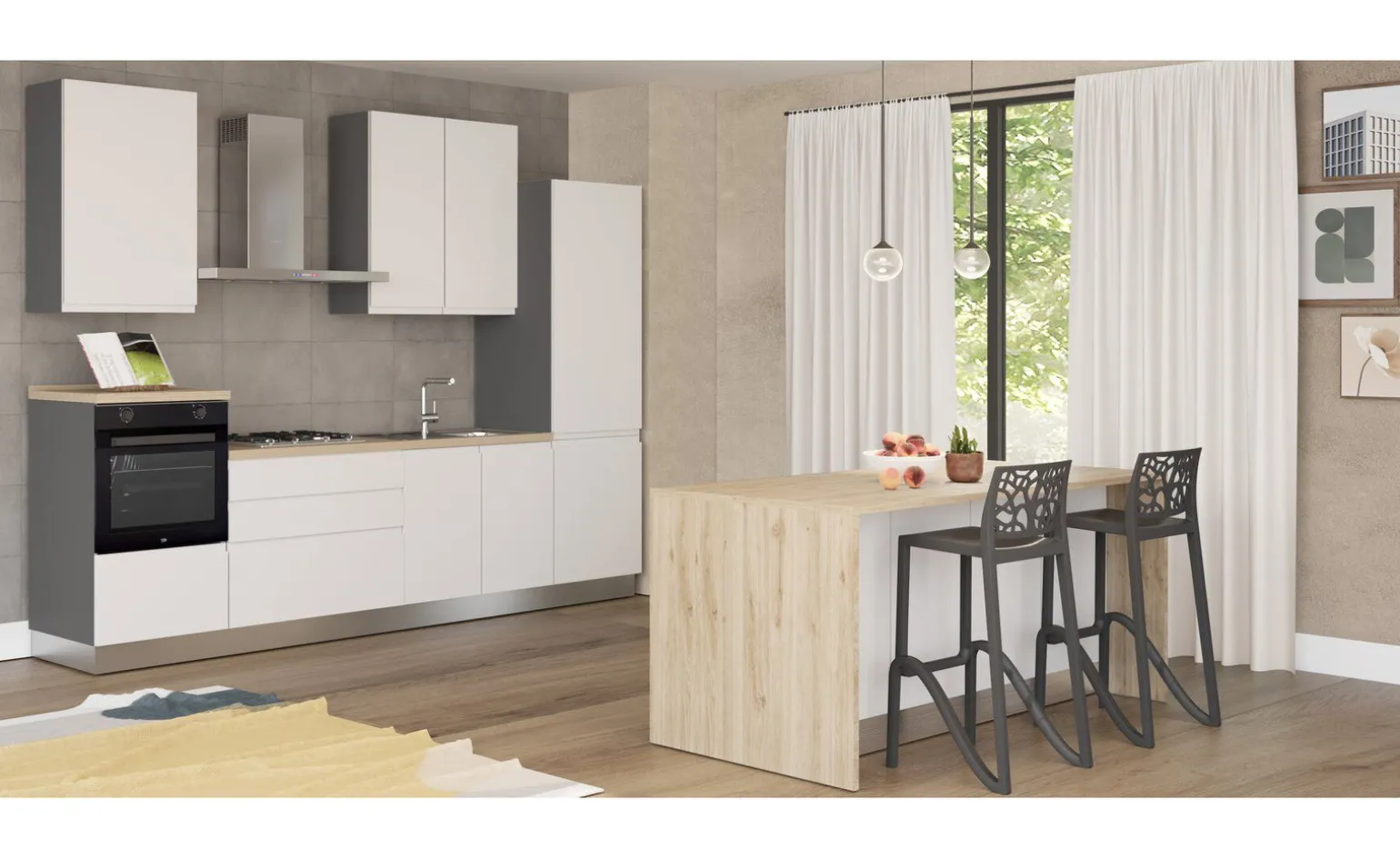 Iris isola 2 ante, 3 cassetti bianco opaco con top rovere kadiz L185,2 cm