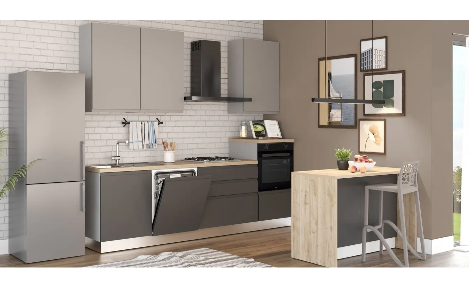 Iris isola 2 ante grigio scuro con top rovere kadiz L125,2 cm