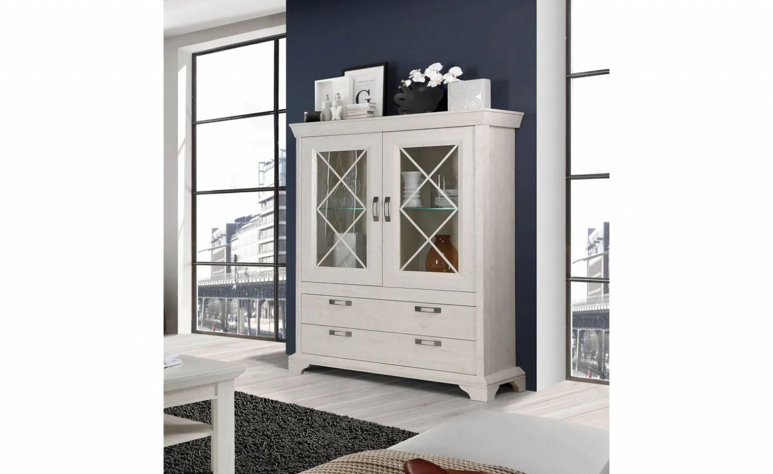 Nizza vetrina in laminato bianco 2 ante 2 cassetti