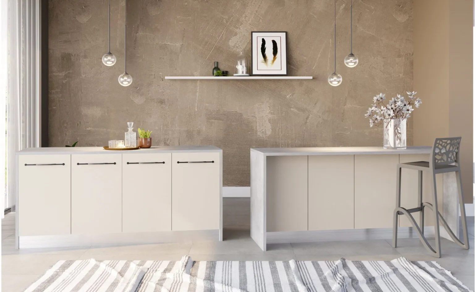 Noa isola 4 ante grigio angora con top cemento L185,2 cm