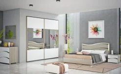 Perla camera matrimoniale olmo e bianco lucido, letto con contenitore