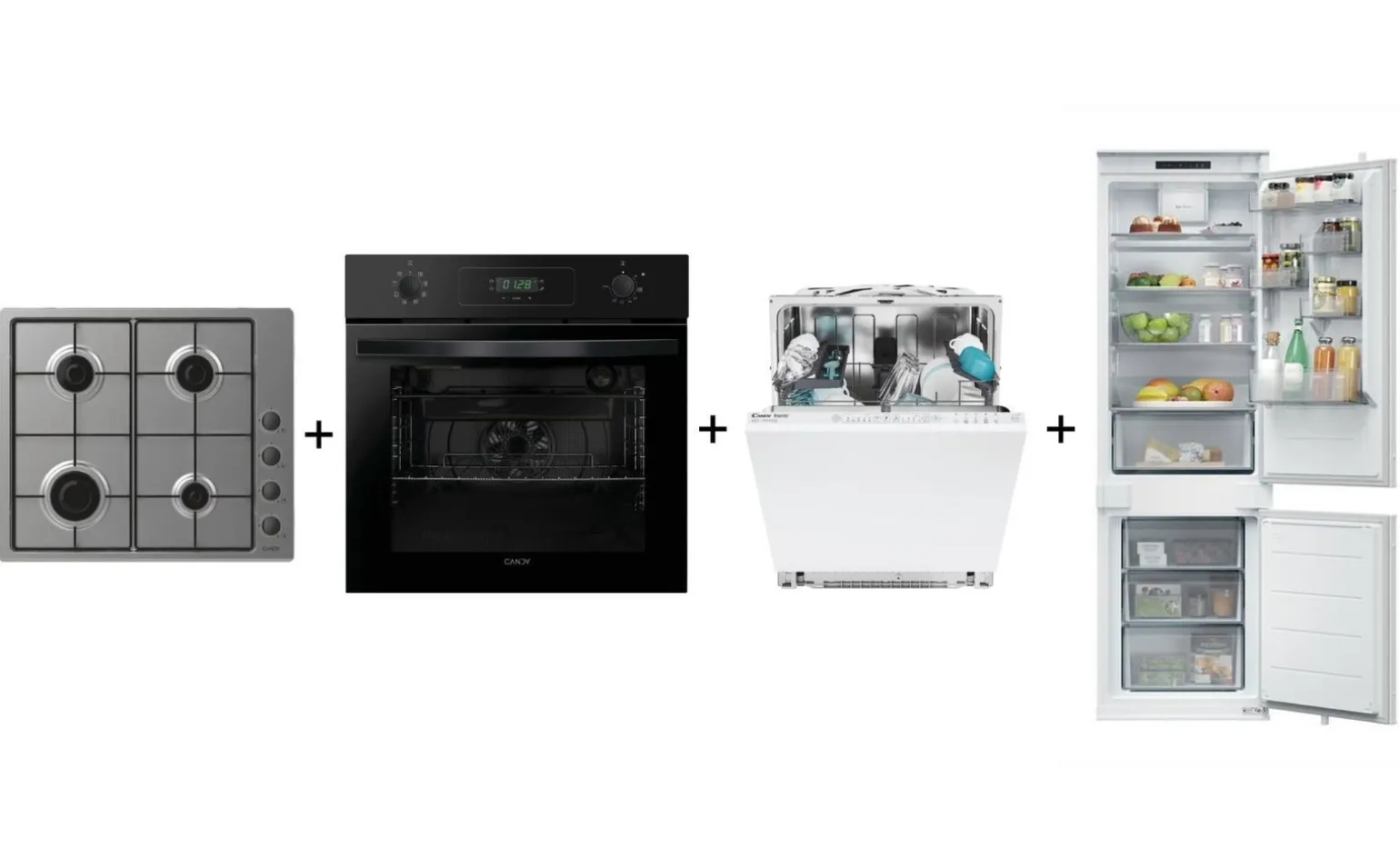 Poker 60cm Gas + Forno Nero + Lavastoviglie + Frigorifero Candy