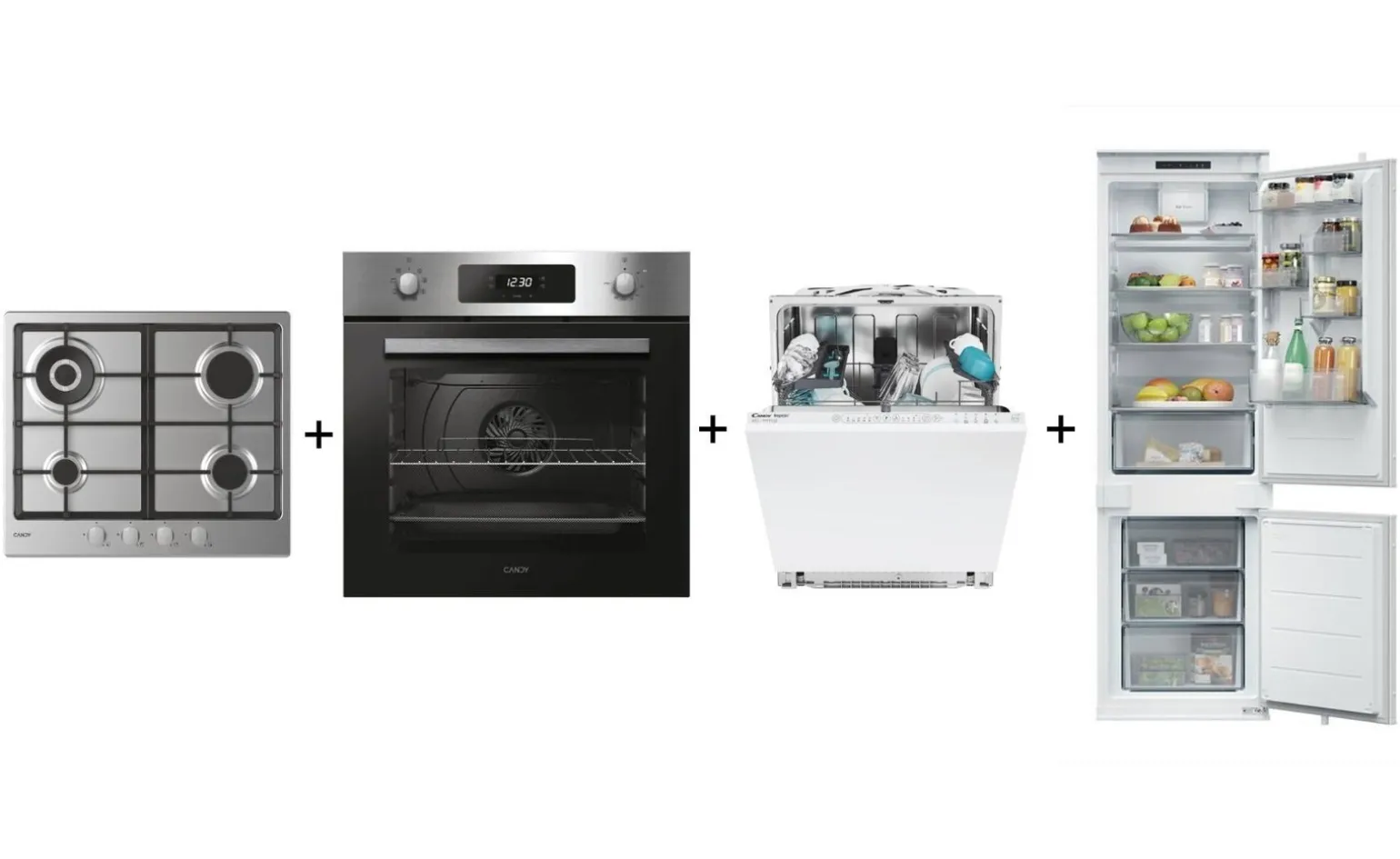 Poker 60cm Gas Ghisa + Forno Inox + Lavastoviglie + Frigorifero Candy