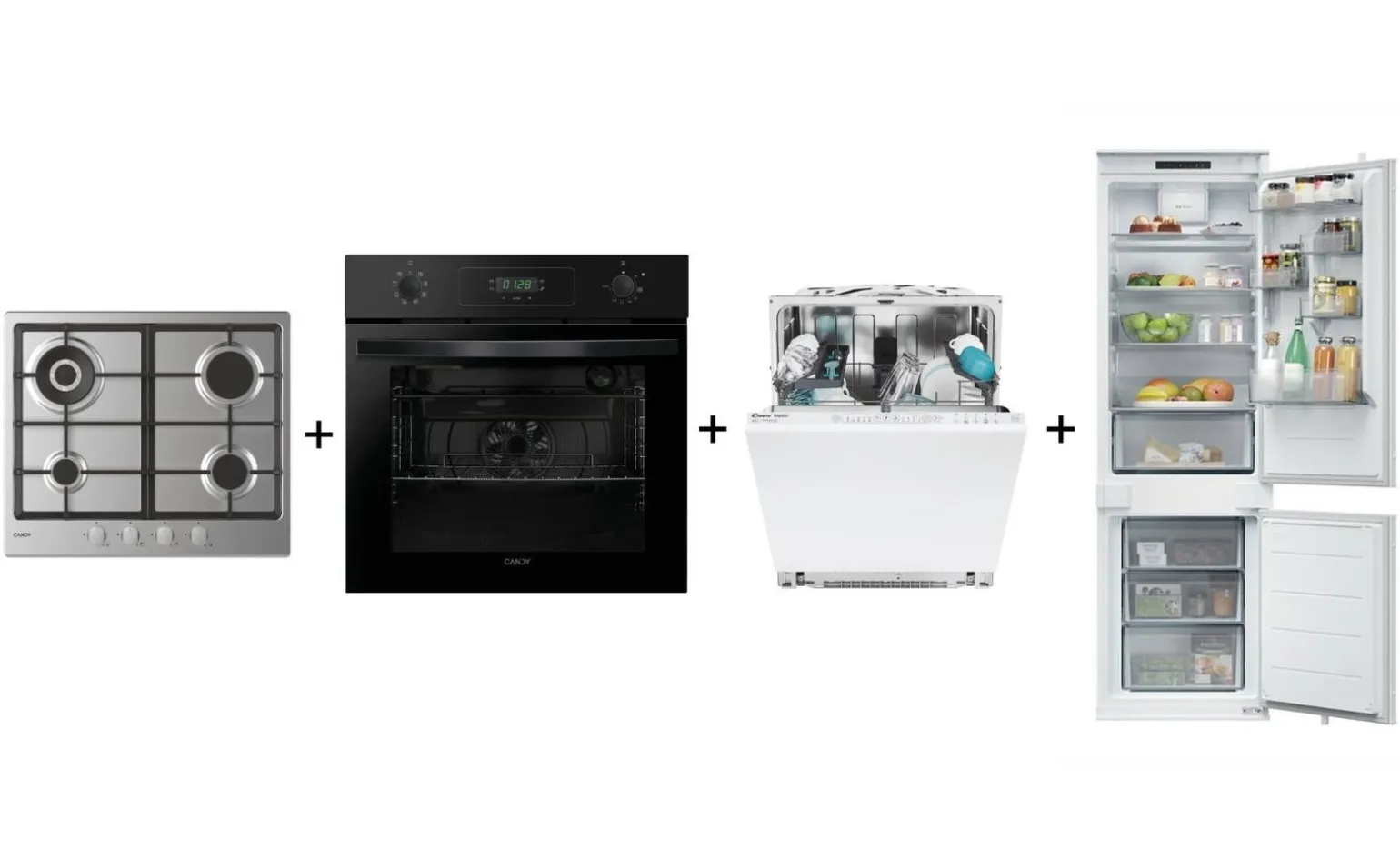 Poker 60cm Gas Ghisa + Forno Nero + Lavastoviglie + Frigorifero Candy