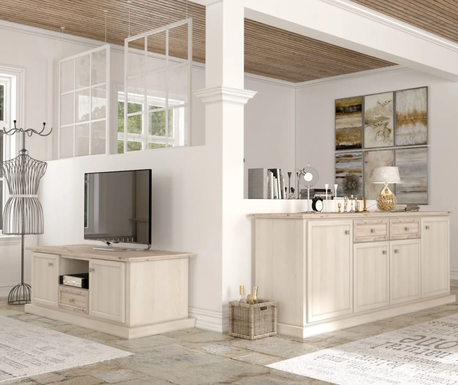 Soggiorno componibile Susy colore betulla e legno naturale