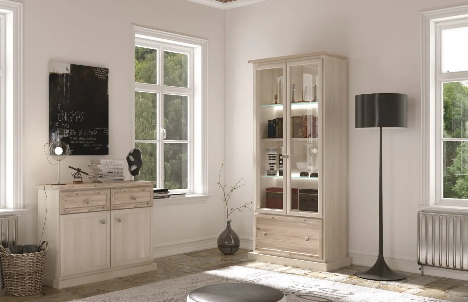 Soggiorno componibile Susy colore betulla e legno naturale