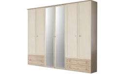 Susy armadio 6 ante battenti, cassettone a sinsitra, con specchi betulla e legno naturale