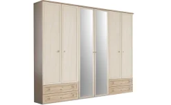 Susy armadio 6 ante battenti, 4 cassetti, con specchio betulla e legno naturale