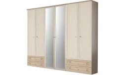 Susy armadio 6 ante battenti, 4 cassetti, con specchio betulla e legno naturale