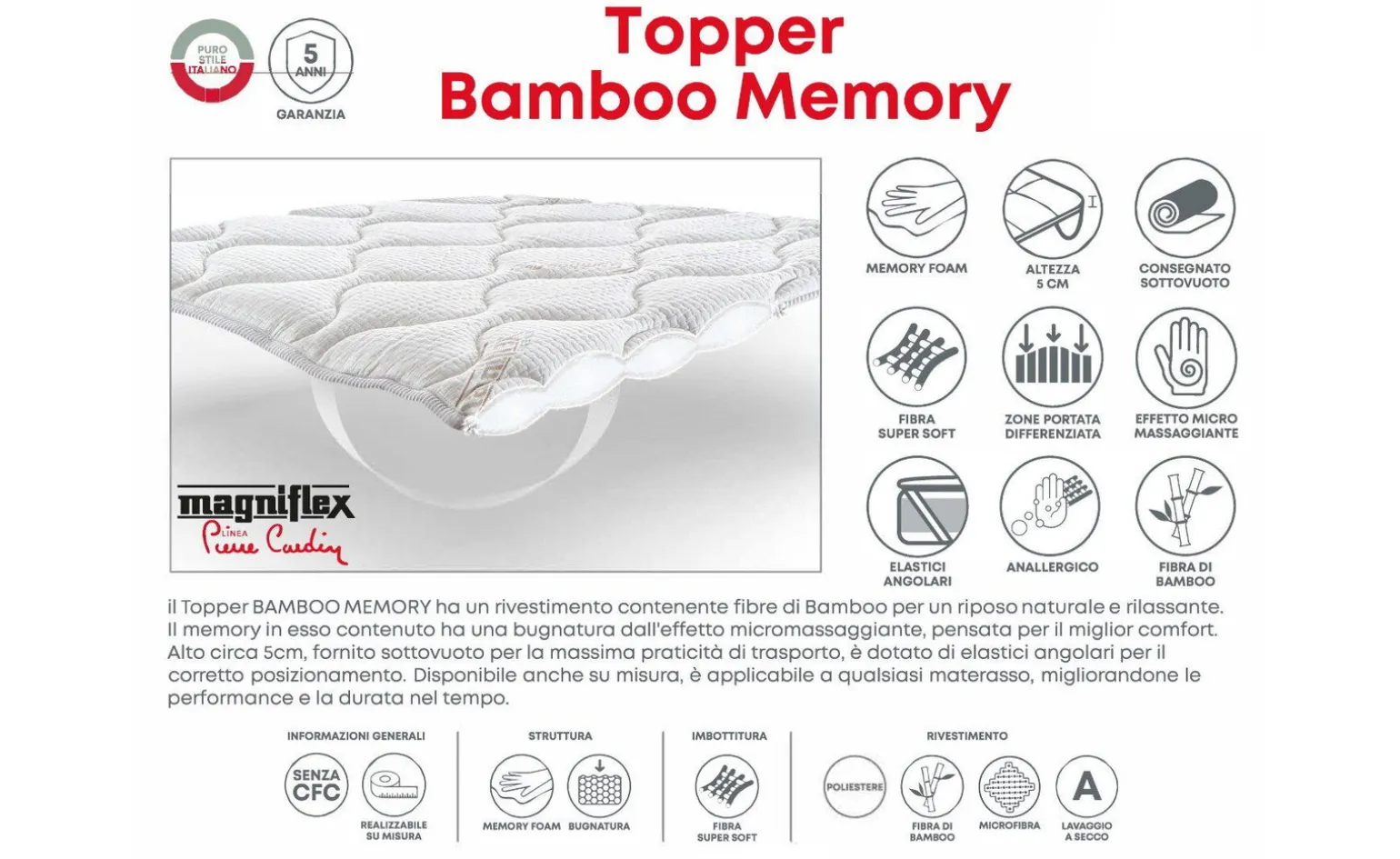 Topper Bamboo Memory per materasso piazza e mezza