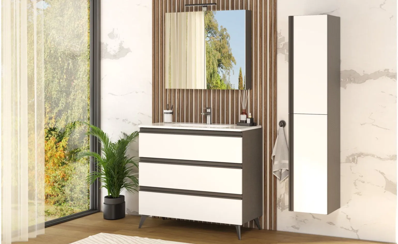 Young Colonna Bagno 2 Ante con Ripiani in Vetro, Bianco