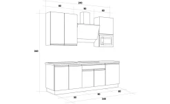 Young cucina completa L240 cm con piano a gas, argento e bianco